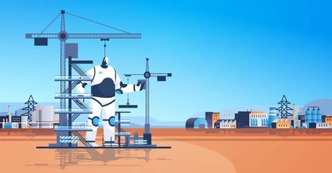 Modern robot foreman engineer against construction site with building tower 스톡 일러스트