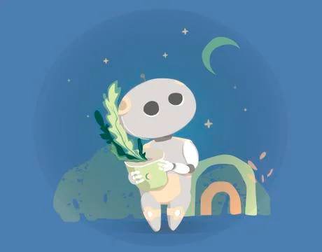 Modern Robot with garden plan Isolated On Blue Night Background Cute Cartoon  스톡 일러스트