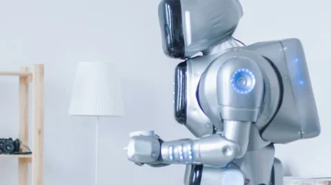 Modern robot giving cup of coffee to nice woman Stock Footage 64309835