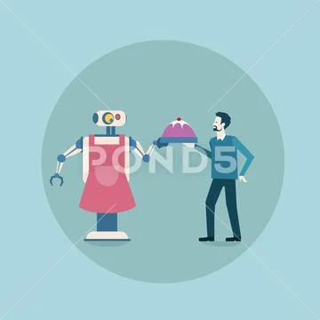 Modern Robot Giving Dish With Food To Man Icon, Futuristic Artificial Stock Illustration