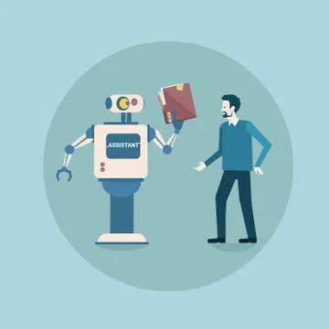 Modern Robot Giving Documents To Business Man Futuristic Artificial Intelligence Illustrazione stock
