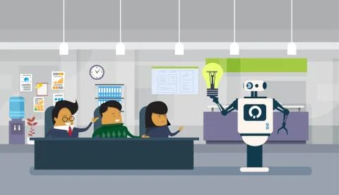 Modern Robot Giving Light Bulb To Group Of Asian Business People Sitting At 스톡 일러스트