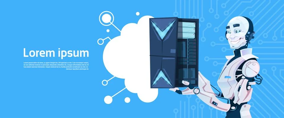 Modern Robot Hold Cloud Database Server, Futuristic Artificial Intelligence Illustrazione stock
