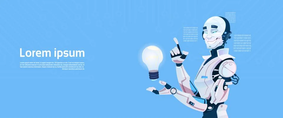 Modern Robot Hold Light Bulb, Futuristic Artificial Intelligence Mechanism Stock Illustration