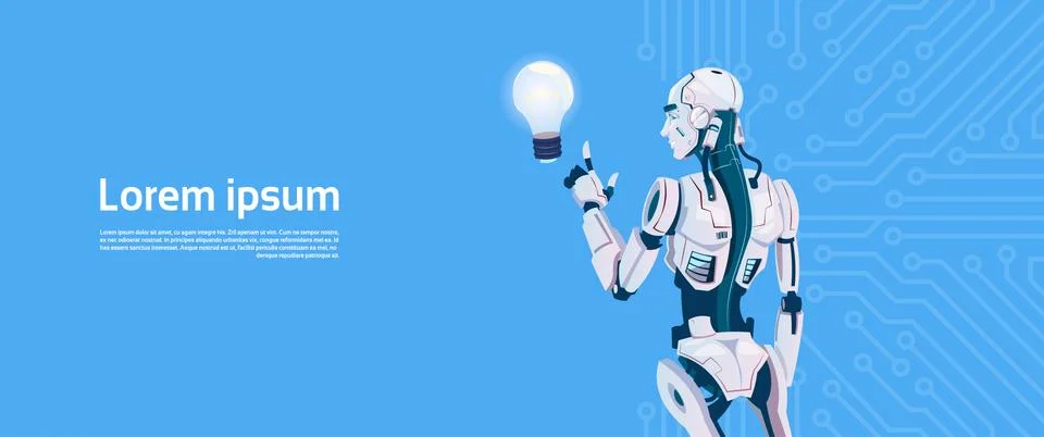 Modern Robot Hold Light Bulb, Futuristic Artificial Intelligence Mechanism Stock Illustration