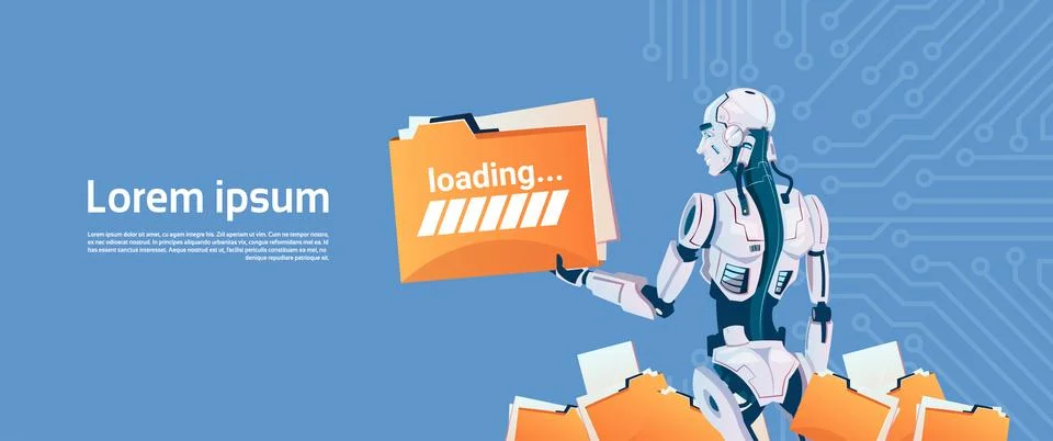 Modern Robot Hold Loading File Folder, Futuristic Artificial Intelligence Illustrazione stock