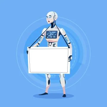 Modern Robot Holding Empty Banner Futuristic Artificial Intelligence Technology Stock Illustration