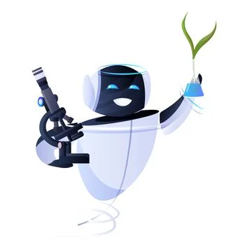 Modern robot holding microscope and test tube with genetically modified plant 스톡 일러스트