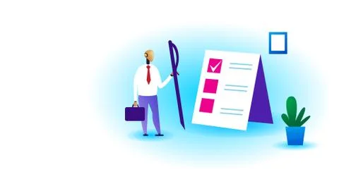 Modern robot holding pen task solutions new ideas checklist with marks in che Stock Illustration