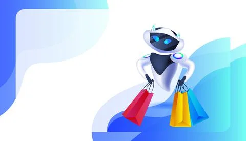 Modern robot holding shopping bags special offer shopping sale artificial Stock Illustration