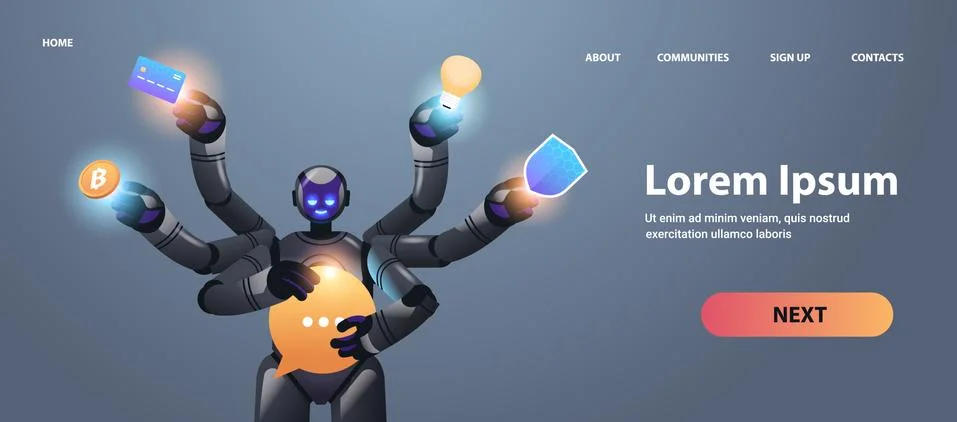 Modern robot with many hands multitasking robotic character artificial Stock Illustration