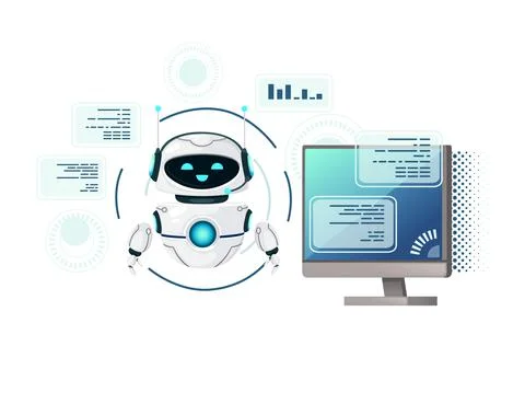 Modern robot mascot help assistant concept vector illustration on white Stock Illustration
