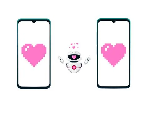 Modern robot mascot help assistant concept with two smartphone hearts vector Stock Illustration