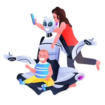 Modern robot nanny spending time with children artificial intelligence Stock Illustration