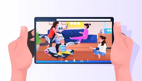 Modern robot nanny spending time with children on smartphone screen artificial Stock Illustration