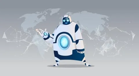 Modern Robot Over World Map Artificial Intelligence Brain Technology Ilustração Stock