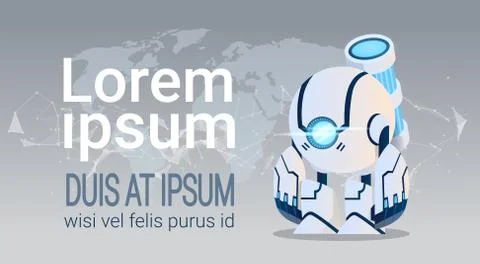 Modern Robot Over World Map Artificial Intelligence Brain Technology Ilustração Stock