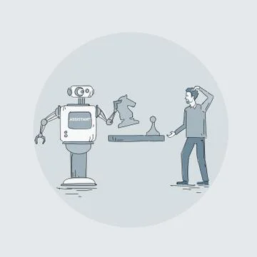 Modern Robot Playing Chess With Man Icon, Futuristic Artificial Intelligence Stock Illustration