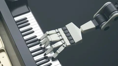 A modern robot is playing music on the piano. Fingers are moving with accuracy. Stock Footage 110048341