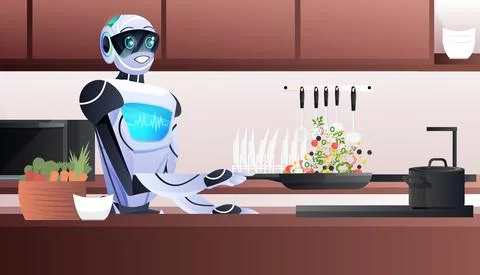 Modern robot preparing healthy vegetables salad at kitchen artificial Stock Illustration
