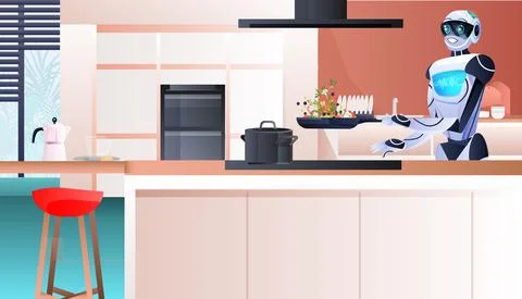 Modern robot preparing healthy vegetables salad at kitchen artificial Stock Illustration