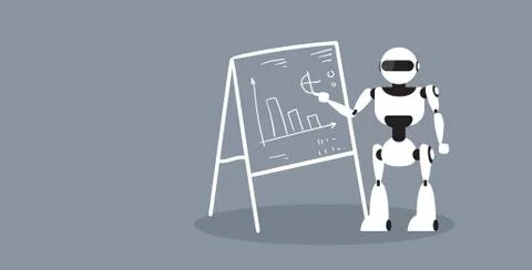 Modern robot presenting financial graphs finance report on flip chart business Ilustración de archivo