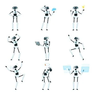 Modern Robot as Programmable Machine Carrying out Series of Actions Vector Set Stock Illustration