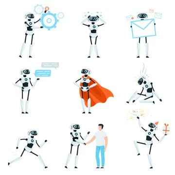 Modern Robot as Programmable Machine Carrying out Series of Actions Vector Set Stock Illustration