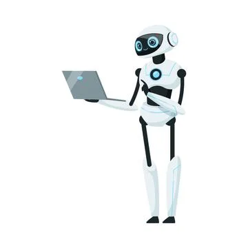 Modern Robot as Programmable Machine Working at Laptop Vector Illustration Stock Illustration