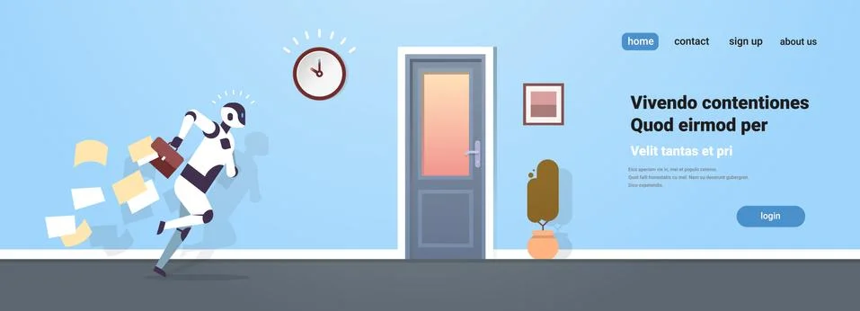 Modern robot running with falling papers from briefcase to exit door artificial Stock Illustration
