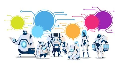Modern Robot Set With Chat Bubbles Artificial Intelligence Technology Illustrazione stock