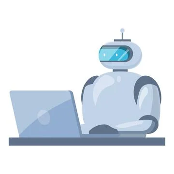 Modern robot sitting at desk and working on laptop computer Stock Illustration
