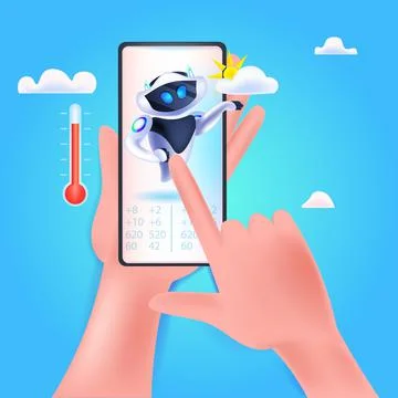 Modern robot with sun and cloud icons on smartphone screen artificial 스톡 일러스트