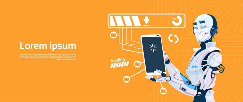 Modern Robot Using Cell Smart Phone, Futuristic Artificial Intelligence Stock Illustration