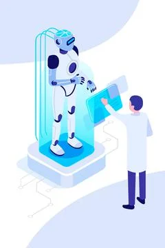 Modern Robot Using Computer. Futuristic Artificial Intelligence Mechanism Stock Illustration