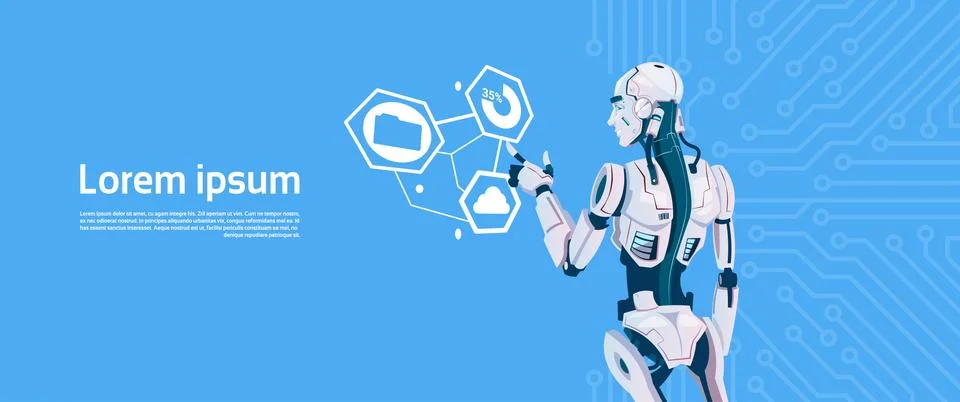 Modern Robot Using Digital Touchscreen Monitor, Futuristic Artificial 스톡 일러스트