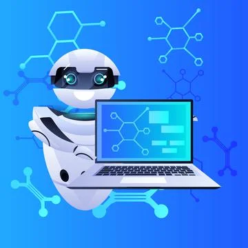 Modern robot using laptop artificial intelligence technology concept full length Illustrazione stock