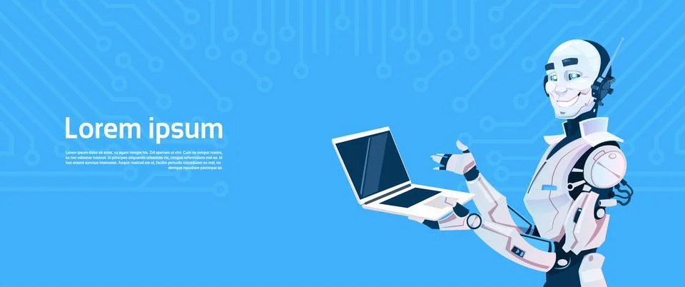 Modern Robot Using Laptop Computer, Futuristic Artificial Intelligence Mechanism Stock Illustration