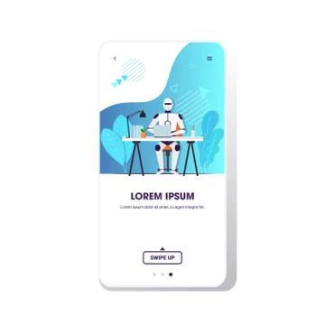 Modern robot using laptop robotic businessperson sitting at workplace artific Illustrazione stock