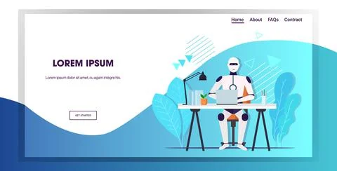 Modern robot using laptop robotic businessperson sitting at workplace artificial Illustrazione stock