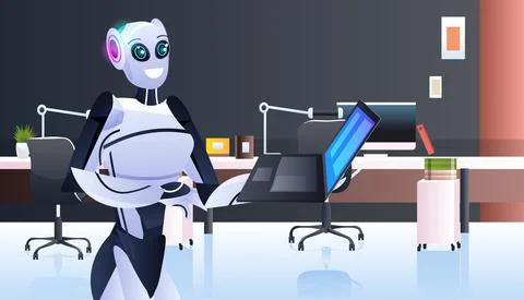 Modern robot using laptop robotic character working in office artificial Stock Illustration