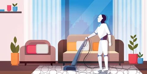 Modern robot using vacuum cleaner robotic character doing housework artificial Stock Illustration