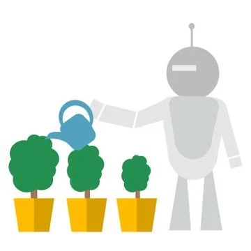 Modern Robot Watering Flowers Technology Concept Flat Vector Illustration Stock Illustration