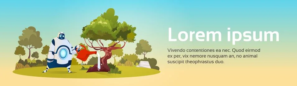 Modern Robot Watering Tree Robotic Gardener Artificial Intelligence Technolog Stock Illustration
