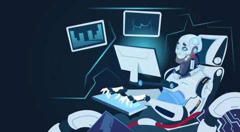 Modern Robot Working On Computer Futuristic Artificial Intelligence Mechanism Stock Illustration