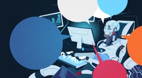 Modern Robot Working On Computer Futuristic Artificial Intelligence Mechanism Illustrazione stock