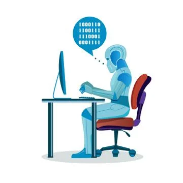 Modern Robot Working With Computer Stock Illustration