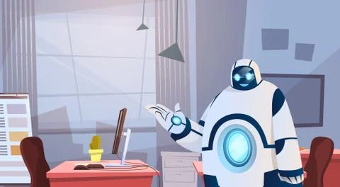 Modern Robot Working In Office Sitting At Desk Artificial Intelligence Techno Stock Illustration