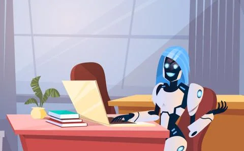 Modern Robot Working In Office Sitting At Desk Artificial Intelligence Techno Stock Illustration