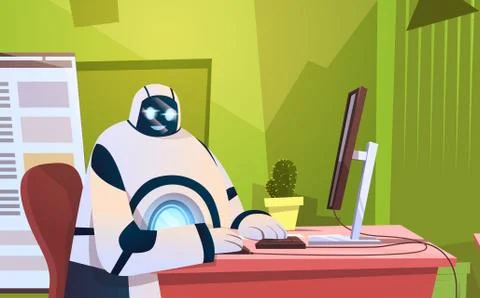 Modern Robot Working In Office Sitting At Desk Artificial Intelligence Techno Stock Illustration
